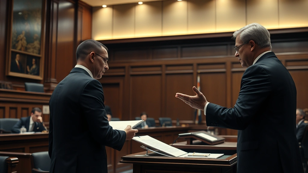 Courtroom scene with lawyer presenting evidence to judge, photorealistic courtroom setting, dramatic moment of revelation, professional legal atmosphere, intense focus on witness stand