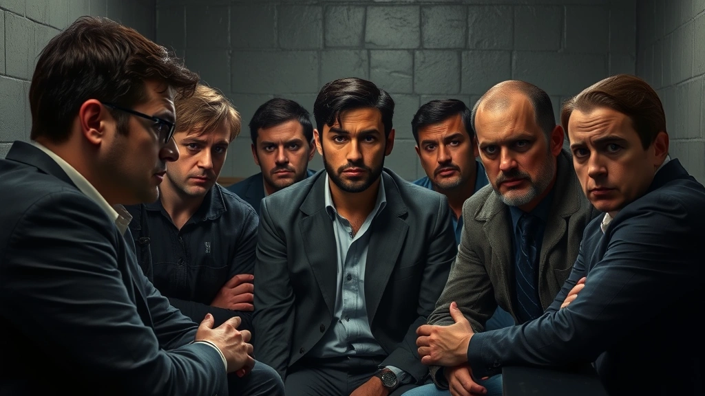 Multiple suspects in interrogation room, photorealistic tense questioning scene, varied character expressions showing guilt and innocence, dramatic lighting emphasizing mystery and tension