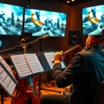 Professional musician playing orchestral instruments in recording studio with video game screens displaying in-game visuals, photorealistic professional setting with dramatic lighting