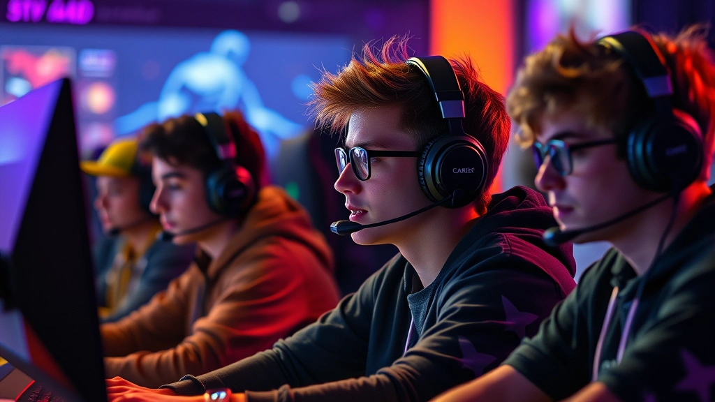 Diverse group of gamers wearing headphones immersed in gameplay with atmospheric glowing light from monitors, capturing emotional engagement with game soundtracks