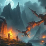 Epic fantasy landscape with mythical creatures and glowing magical elements, photorealistic rendering, dramatic lighting and atmospheric effects, no UI or text elements