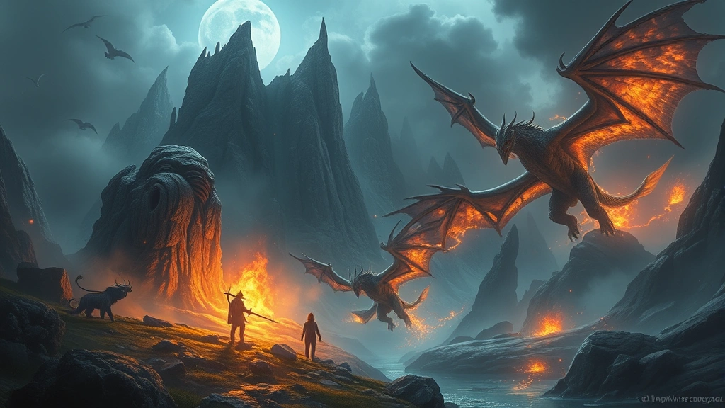 Epic fantasy landscape with mythical creatures and glowing magical elements, photorealistic rendering, dramatic lighting and atmospheric effects, no UI or text elements