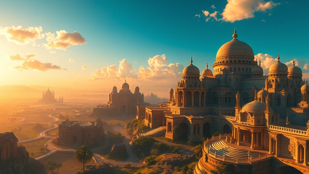 Stunning open world vista with diverse biomes and intricate architectural structures, photorealistic detail, golden hour lighting, sense of scale and exploration, no interface elements