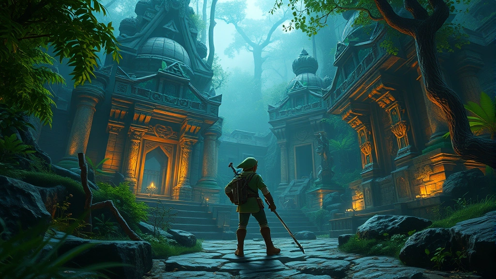 Action shot of character Link in forest environment with mystical lighting and ancient temple architecture, vibrant green foliage and stone structures creating immersive fantasy world atmosphere