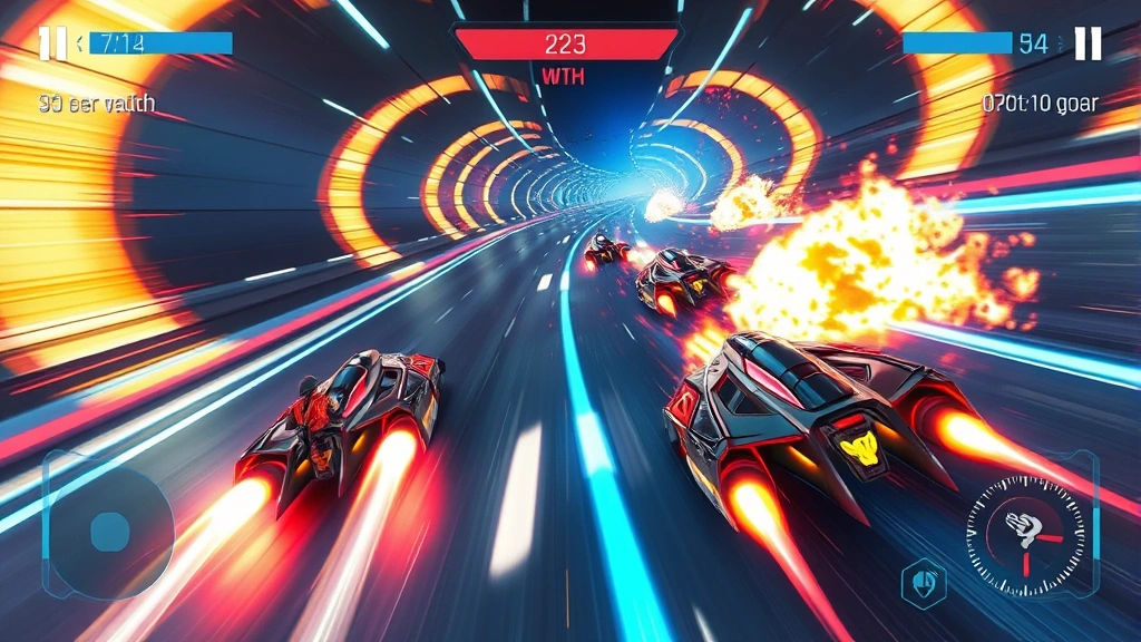 Split-screen gameplay showing intense multiplayer racing competition with futuristic spacecraft on neon-lit track, dynamic motion blur and explosions conveying high-speed competition energy