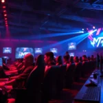 A competitive gaming tournament setting with multiple players intensely focused at gaming stations, dramatic red and blue lighting, photorealistic modern esports arena atmosphere, no UI elements or text visible