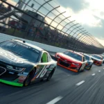 Professional NASCAR stock car racing at high speed on a banked oval track during daytime, multiple cars competing closely together, dynamic action shot with motion blur, photorealistic rendering
