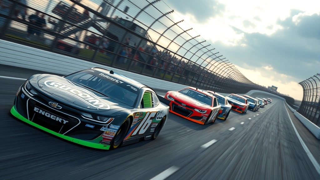 Professional NASCAR stock car racing at high speed on a banked oval track during daytime, multiple cars competing closely together, dynamic action shot with motion blur, photorealistic rendering