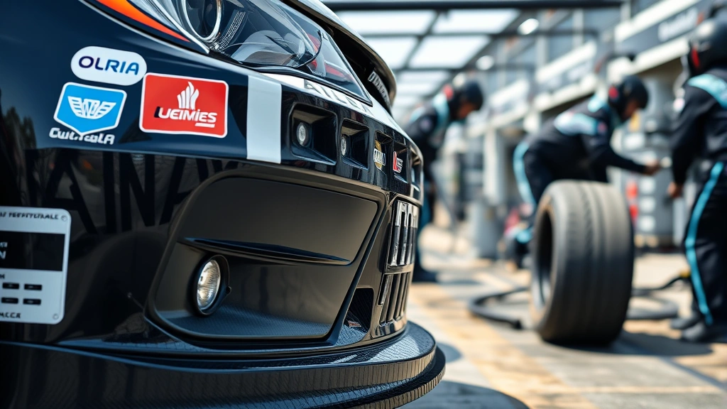 Close-up detail of a stock car's front end showing sponsor liveries and aerodynamic components, pit crew performing tire change during race stop, genuine racing garage environment with professional equipment