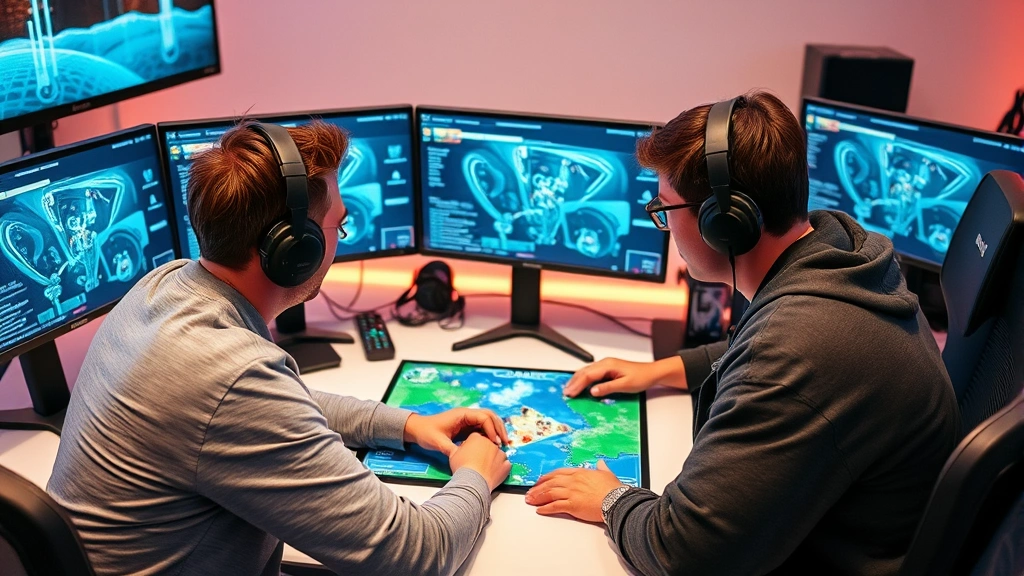 Two people working together at a gaming setup with multiple monitors, collaborating intently on a cooperative puzzle game, showing teamwork and concentration in a professional gaming space