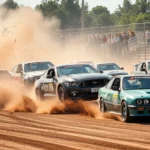 High-speed racing scene with multiple vehicles colliding in a demolition derby environment, dust clouds and debris flying, vehicles showing visible damage and deformation, dynamic action photography style, outdoor arena setting with destructible barriers