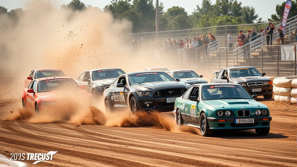 High-speed racing scene with multiple vehicles colliding in a demolition derby environment, dust clouds and debris flying, vehicles showing visible damage and deformation, dynamic action photography style, outdoor arena setting with destructible barriers