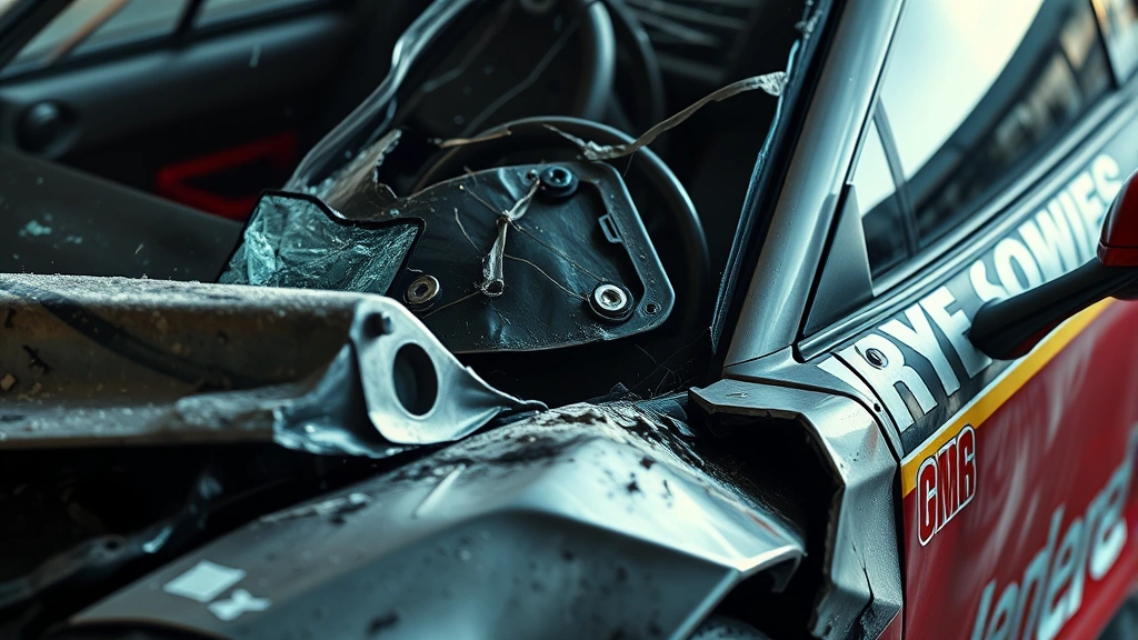 Close-up detail of a heavily damaged sports car after intense racing, crumpled hood, shattered windows, bent metal panels, realistic vehicle destruction and weathering effects, dramatic lighting emphasizing damage patterns