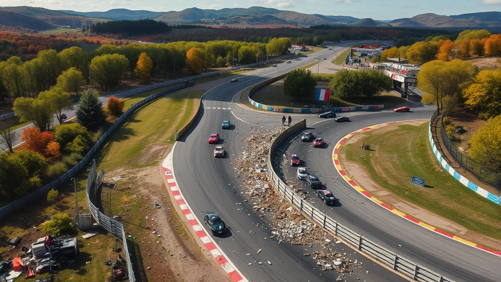 Wide aerial view of a racing circuit with multiple vehicles competing, environmental destruction visible including collapsed barriers and debris scattered across track, vibrant landscape with trees and hills, dynamic racing moment captured mid-action