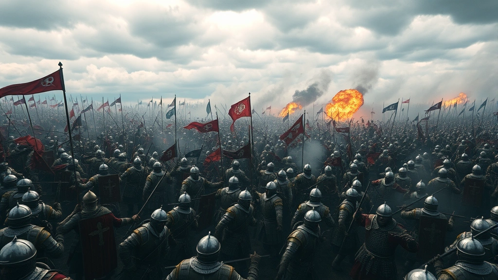 Epic medieval battlefield with thousands of soldiers clashing, realistic armor and weapons, smoke from fire and explosions, dramatic cloudy sky, wide perspective showing strategic formations and chaos of war