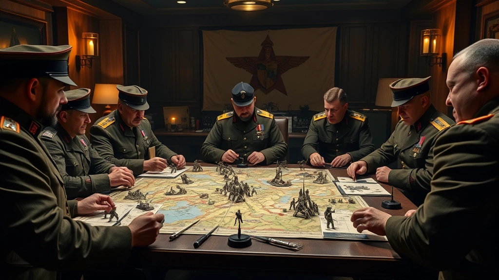 Modern strategic war room with military commanders studying tactical maps and terrain models, serious atmosphere, historical military uniforms and period-appropriate technology, candlelit evening setting with detailed strategy boards