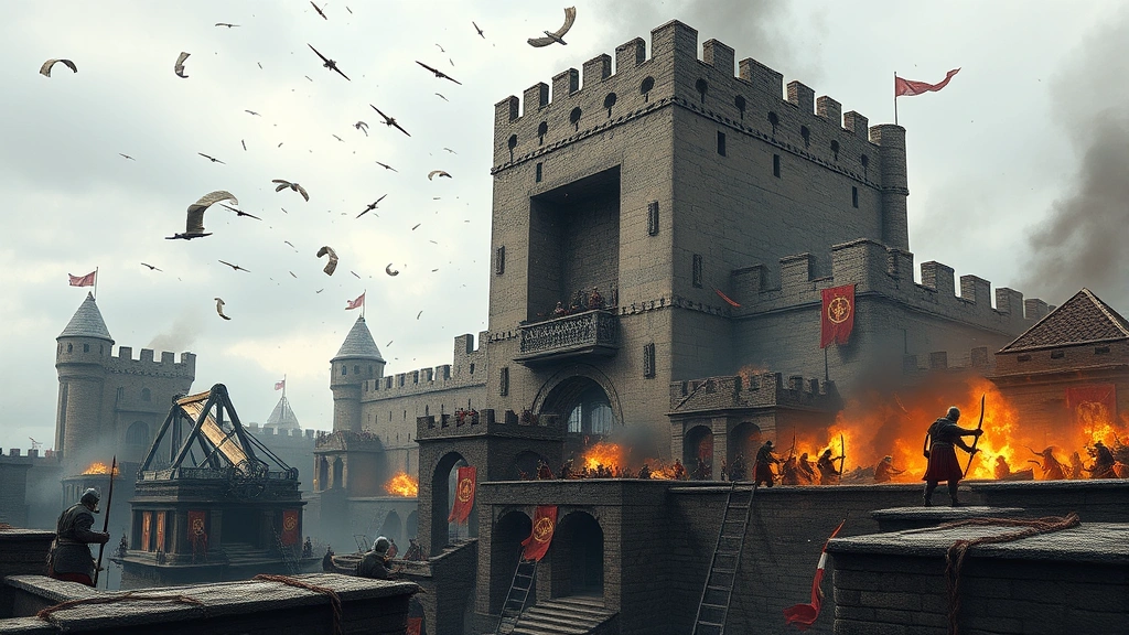 Massive fortress under siege with trebuchets launching projectiles, soldiers scaling walls with siege ladders, defensive archers on ramparts, explosions and fire, realistic medieval architecture, cinematic warfare perspective