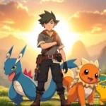 A trainer standing confidently with three diverse Pokémon at their side in a dynamic battle-ready pose, sunlit fantasy landscape background, photorealistic rendering