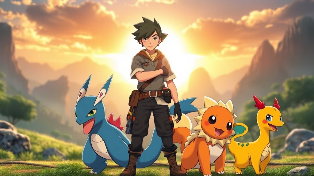 A trainer standing confidently with three diverse Pokémon at their side in a dynamic battle-ready pose, sunlit fantasy landscape background, photorealistic rendering