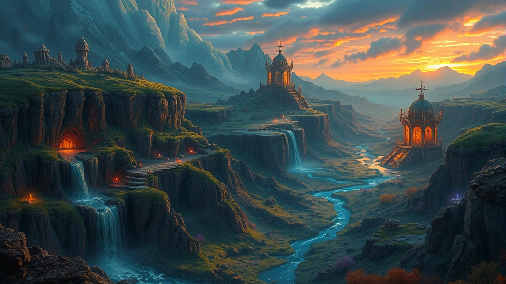 A detailed view of a vibrant fantasy world with hidden caves, waterfalls, and mysterious glowing locations scattered across rolling terrain, photorealistic environmental design