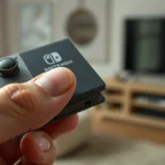 Close-up of Nintendo Switch cartridge being held in hand, detailed metallic contacts visible, neutral gaming room background with soft lighting, photorealistic