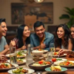 Diverse group of young adults laughing together at a family dinner table with traditional Latin American food, warm lighting, candid moment, photorealistic style, no text or UI elements visible
