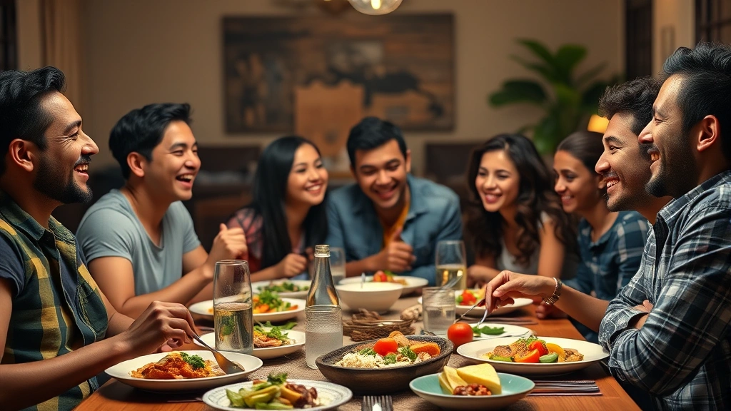 Diverse group of young adults laughing together at a family dinner table with traditional Latin American food, warm lighting, candid moment, photorealistic style, no text or UI elements visible
