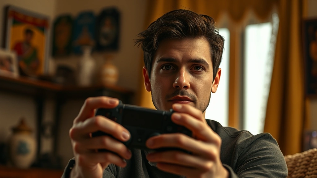 Person holding a game controller with a contemplative expression, warm indoor lighting, cultural decorations visible in blurred background, photorealistic, emotional but not staged