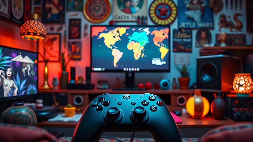 Colorful gaming setup with diverse cultural artifacts and decorations, controller in focus, warm ambient lighting, celebrating cultural fusion, photorealistic, no game menus or HUD visible