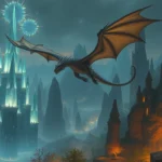 Epic fantasy landscape showing ancient dragon flying over crystalline towers and magical forest with glowing runes, photorealistic fantasy art style, no UI elements