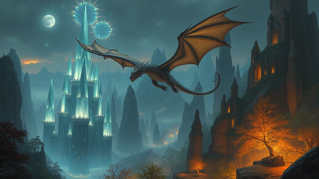 Epic fantasy landscape showing ancient dragon flying over crystalline towers and magical forest with glowing runes, photorealistic fantasy art style, no UI elements