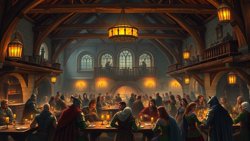 Large fantasy tavern interior filled with diverse fantasy characters in armor and robes gathered around tables, warm torchlight illuminating wooden beams and stone walls, bustling medieval atmosphere