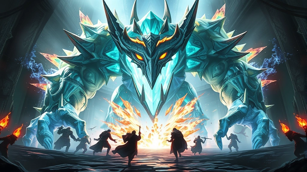 Massive raid encounter against colossal crystalline boss creature with devastating magical effects and spell effects surrounding it, fantasy dungeon setting with dramatic lighting, no game interface