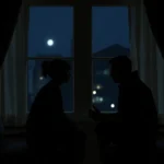 Two characters sitting across from each other in a dimly lit room at night, silhouetted against a window, having an intimate conversation, emotional tension visible in their body language, realistic dramatic lighting
