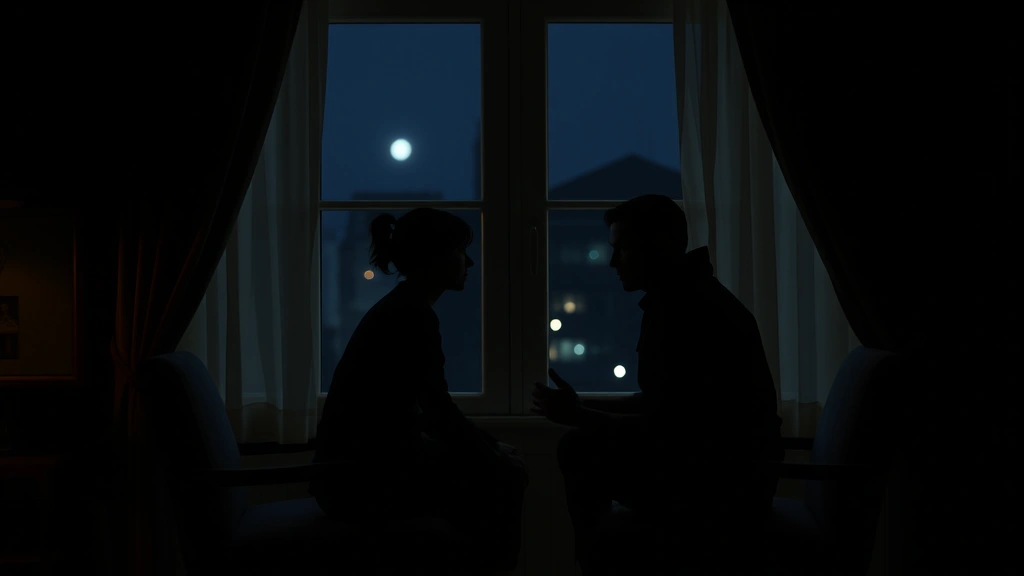 Two characters sitting across from each other in a dimly lit room at night, silhouetted against a window, having an intimate conversation, emotional tension visible in their body language, realistic dramatic lighting