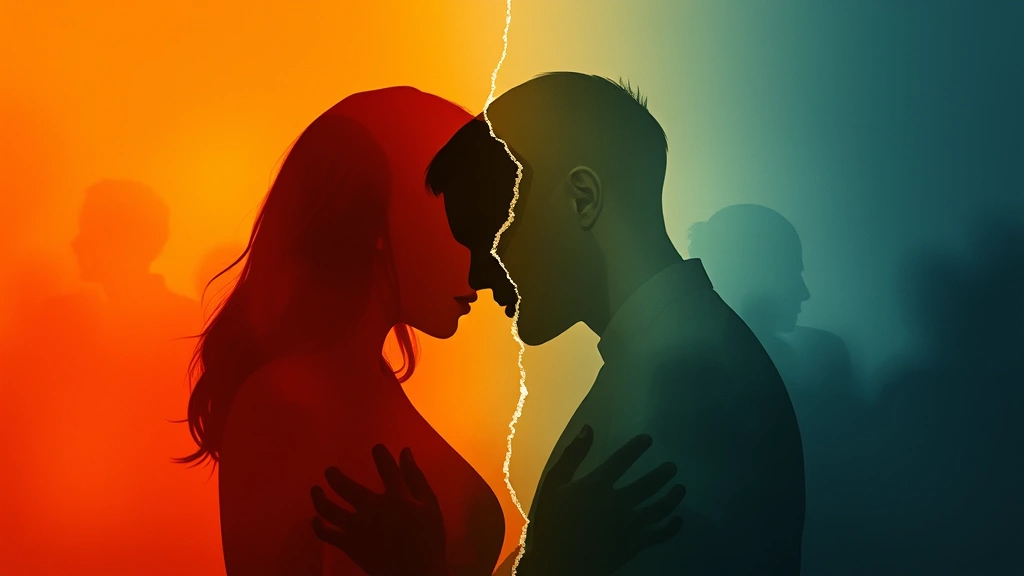 Abstract representation of fractured relationships: overlapping silhouettes of people gradually fading and separating, emotional depth conveyed through color gradients from warm to cold tones, cinematic atmosphere