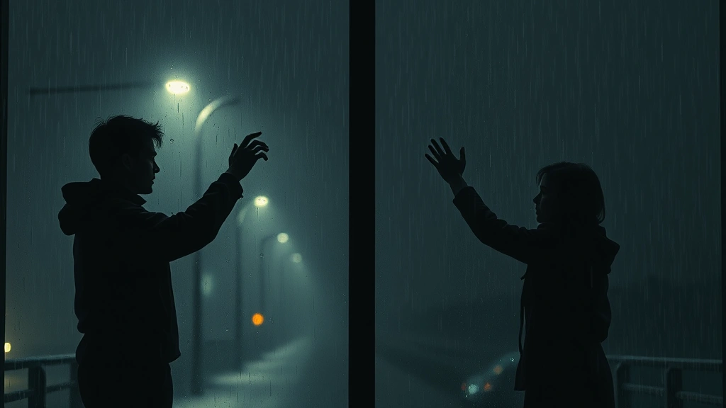 Late-night scene showing two figures on opposite sides of a window or barrier, reaching toward each other but unable to touch, rain or mist creating atmospheric separation, melancholic realistic mood