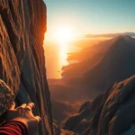 First-person perspective climbing steep mountain with golden sunset lighting, weathered stone handholds visible, vast landscape valley below with ocean in distance, photorealistic environment art