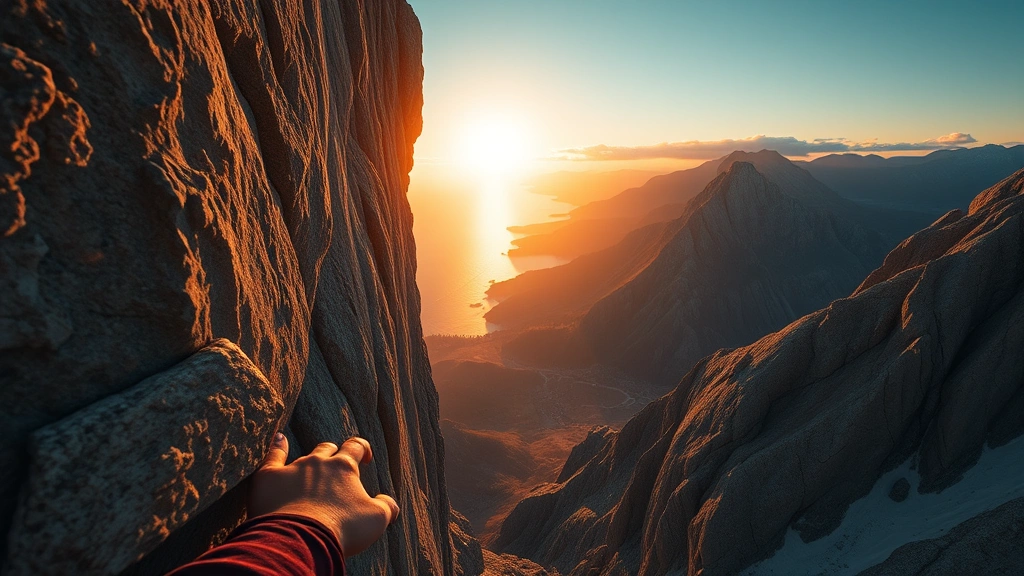 First-person perspective climbing steep mountain with golden sunset lighting, weathered stone handholds visible, vast landscape valley below with ocean in distance, photorealistic environment art