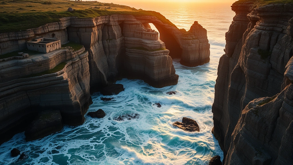 Dramatic coastal cliffside with crashing waves below at golden hour, ancient stone structures partially visible on rocky terrain, dynamic lighting casting long shadows across natural rock formations