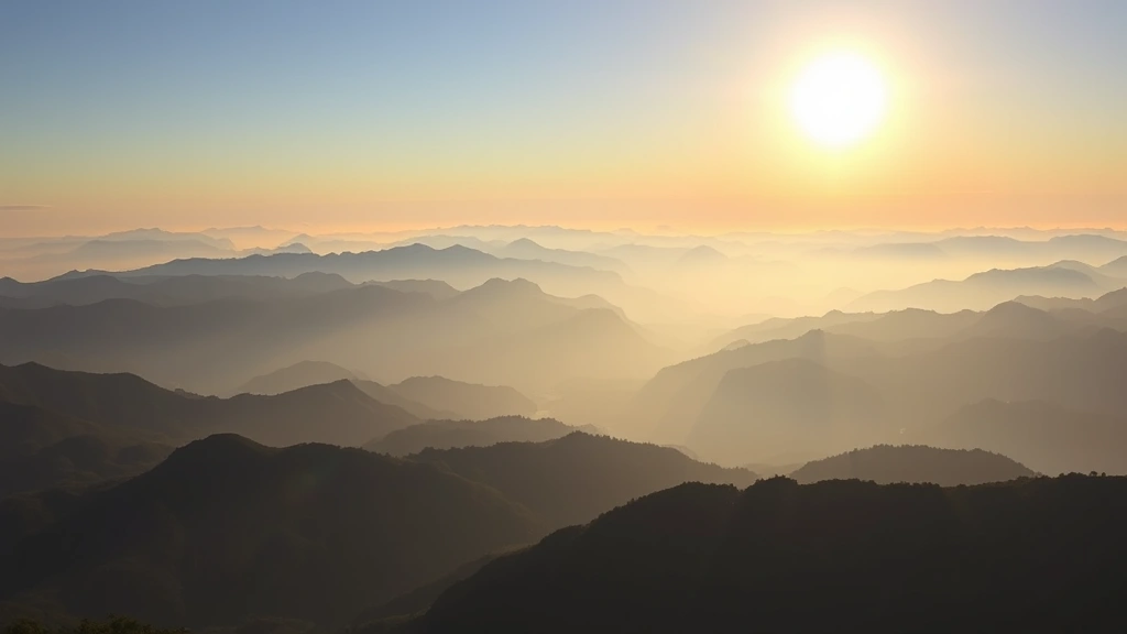 Serene mountain vista at dawn with multiple peaks and ridges stretching to horizon, misty valleys between mountains, warm sunlight breaking through atmospheric haze, peaceful natural landscape