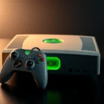 Professional product photography of an original Xbox console in pristine condition with controller, sitting on a dark surface with dramatic side lighting, showing the distinctive green-accented design and front panel details