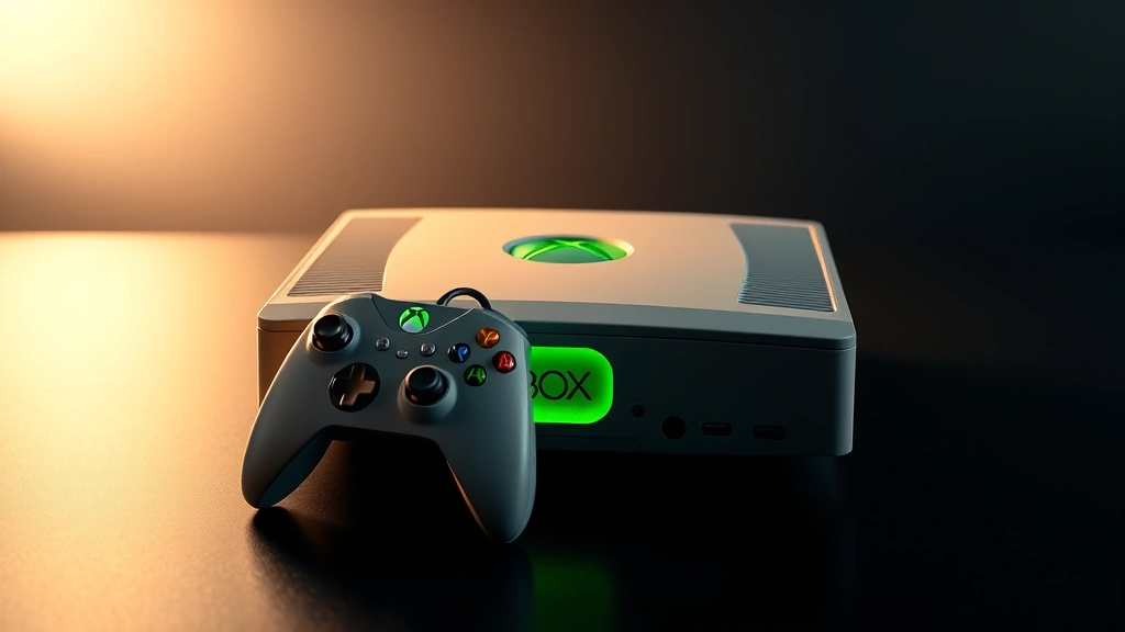 Professional product photography of an original Xbox console in pristine condition with controller, sitting on a dark surface with dramatic side lighting, showing the distinctive green-accented design and front panel details