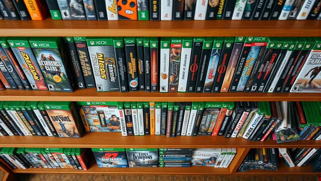 Nostalgic overhead shot of a gaming collection display featuring multiple original Xbox game cases arranged on wooden shelving, showing colorful game covers and spine designs from the console's library