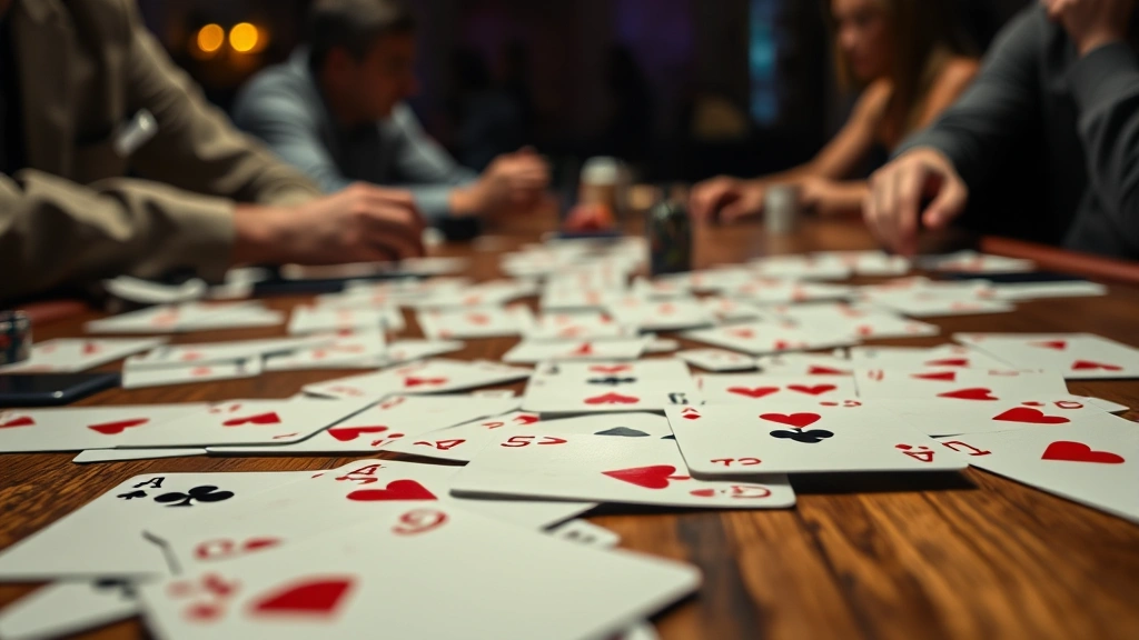 Close-up of playing cards spread across a wooden table with dramatic lighting, showing a mix of hearts, diamonds, clubs, and spades in sharp focus with a blurred background of game players