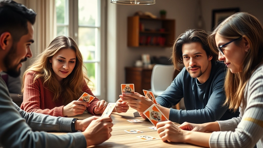 A group of four diverse friends sitting around a table intensely focused on a card game, holding cards with concentrated expressions, natural indoor lighting from above, warm and engaging atmosphere