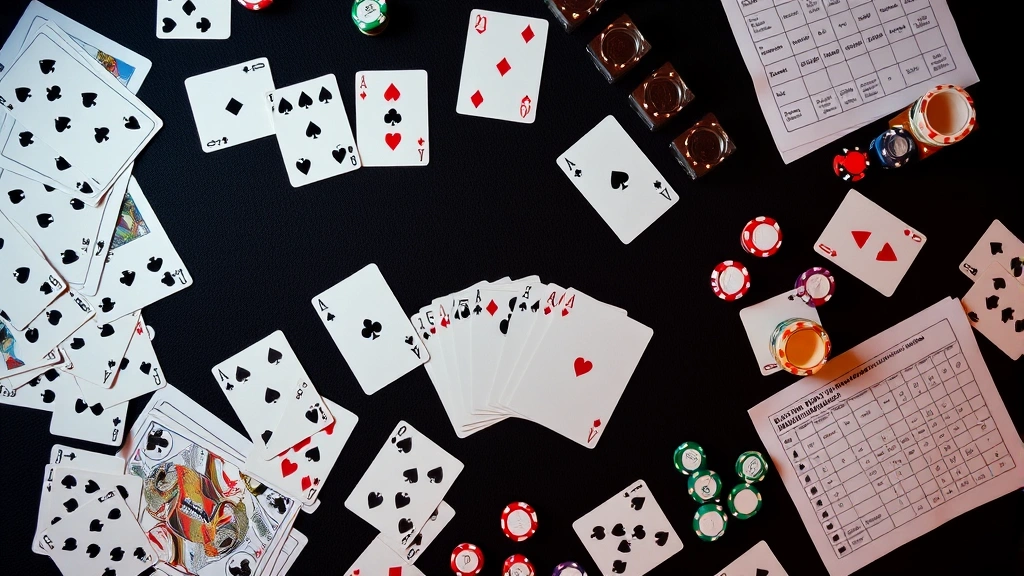 Overhead flat lay of scattered playing cards on a dark surface with poker chips and score sheets, showcasing the strategic elements of card gaming with professional lighting and shallow depth of field