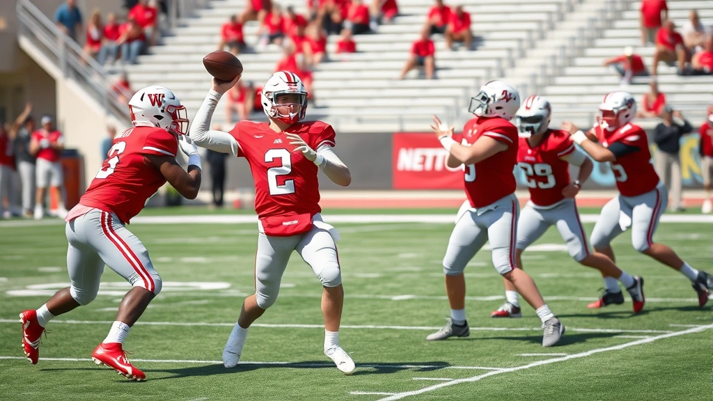 Professional college football players in scarlet and gray uniforms executing a precise passing play during spring practice, quarterback releasing the ball with perfect form while receivers run crisp routes in a sunlit stadium