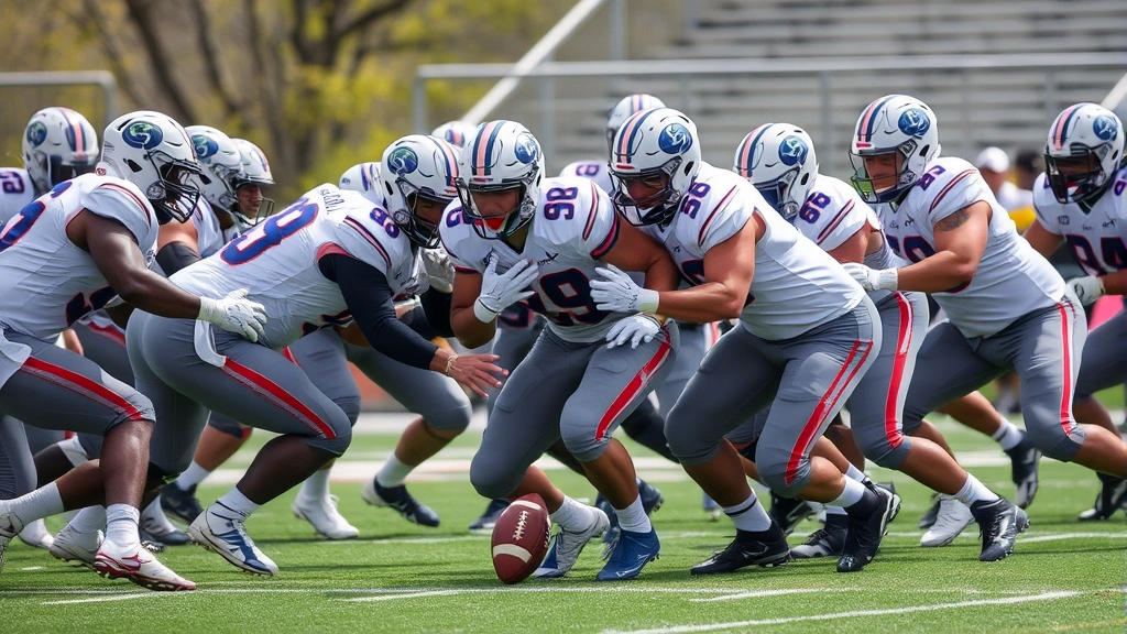Defensive linemen demonstrating gap control and pass rush technique during spring game, multiple defenders pursuing the ball carrier with proper alignment and intensity