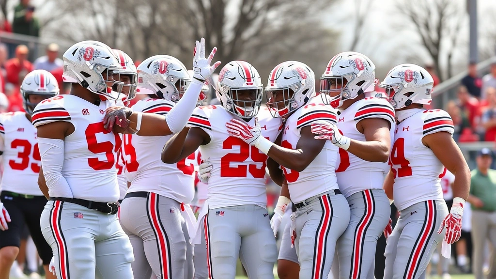 Team celebration moment showing Ohio State football players encouraging each other after successful play execution, displaying unity and team chemistry in a competitive spring game setting